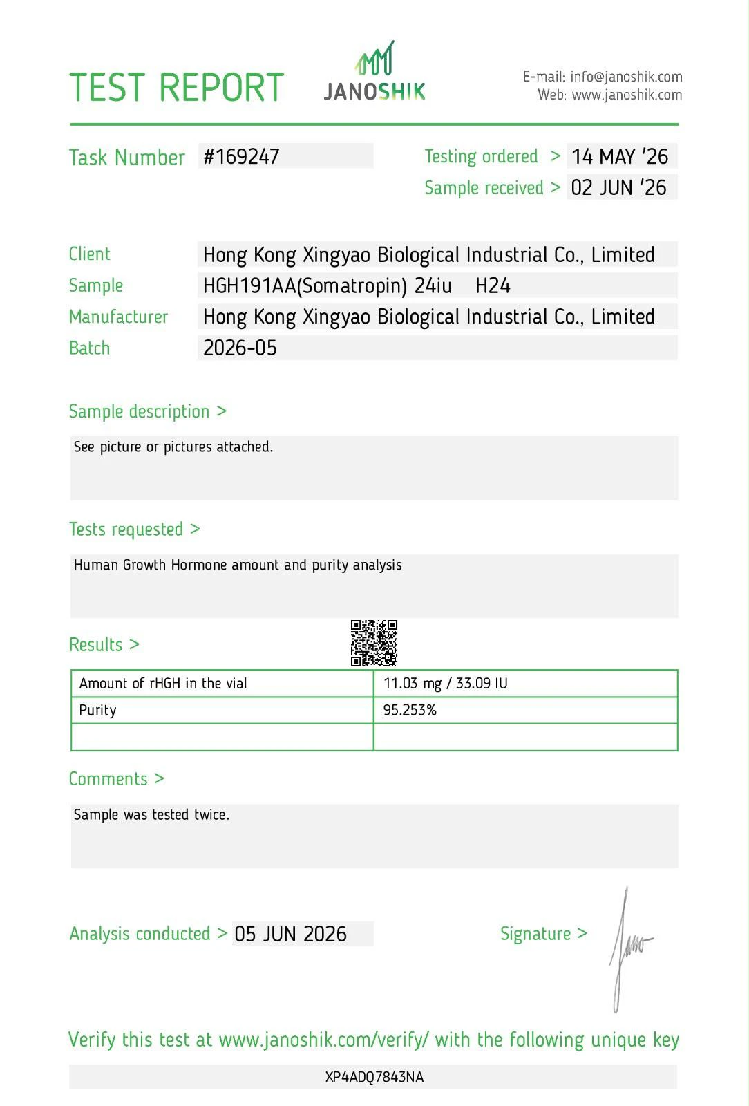 Certificate of Analysis โ Human Growth Hormone 24iu