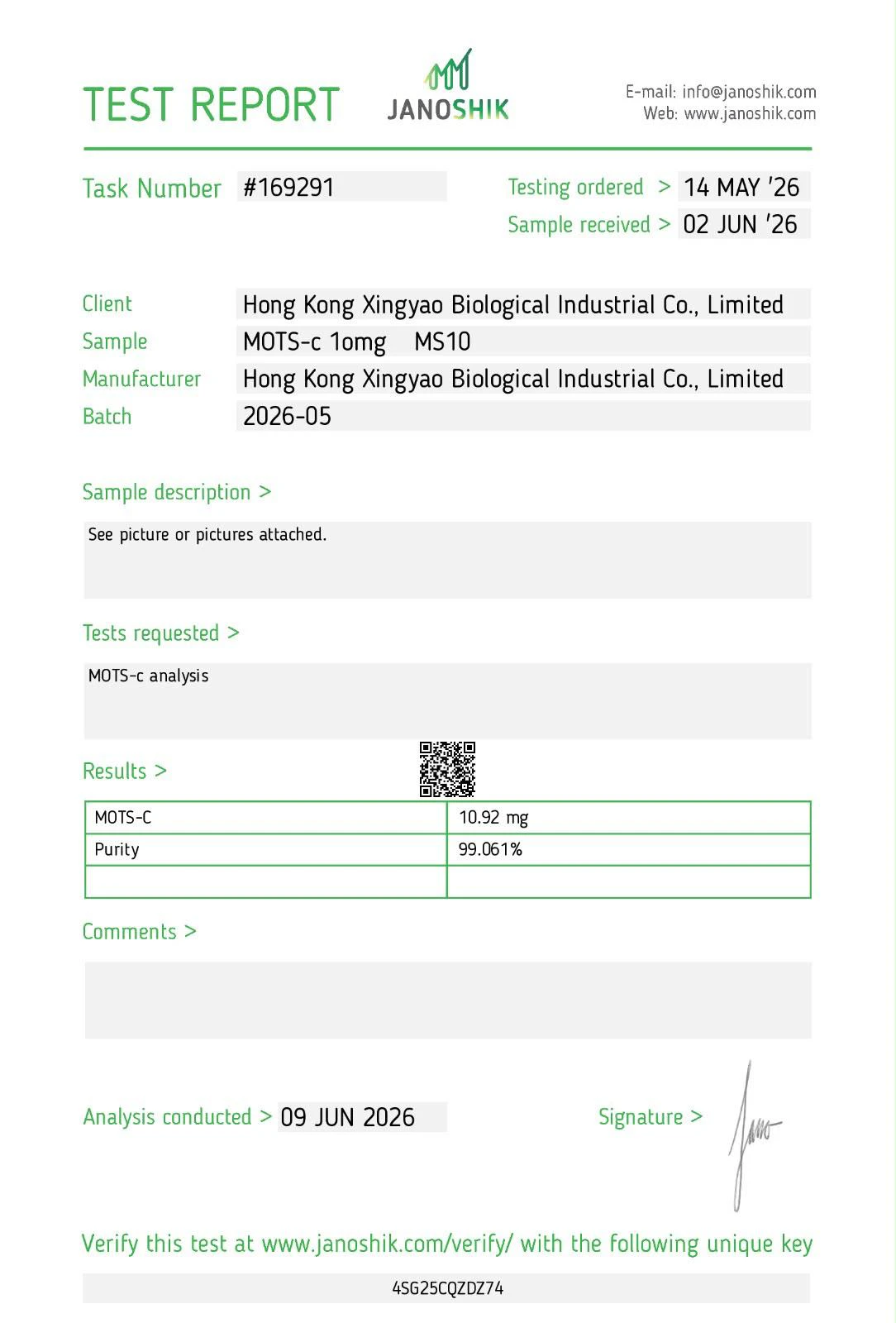 Certificate of Analysis โ MOTS-c 10mg