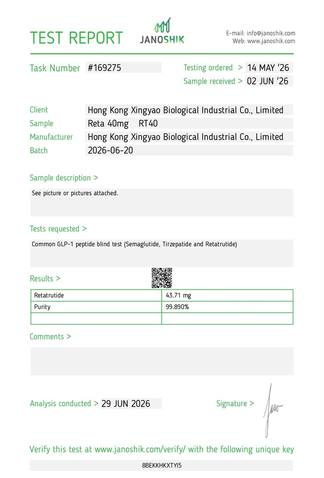 Certificate of Analysis โ Retatrutide 40mg