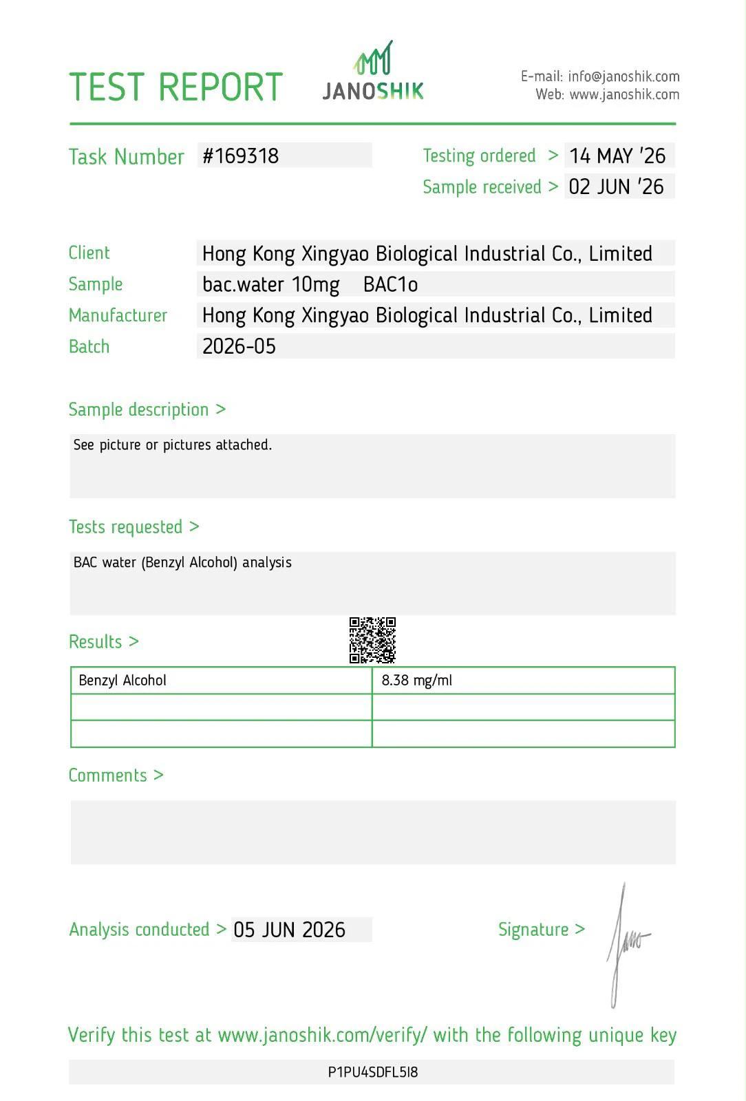 Certificate of Analysis โ Bacteriostatic Water 10ml